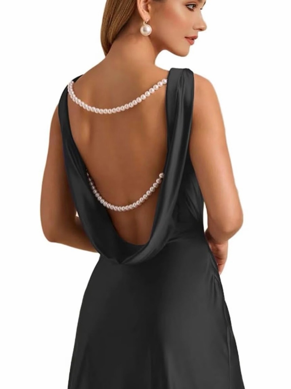 Elegant Black Draped Back Pearl-Accent Evening Dress